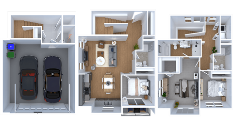 A diagram shows three different floor plans of an apartment.